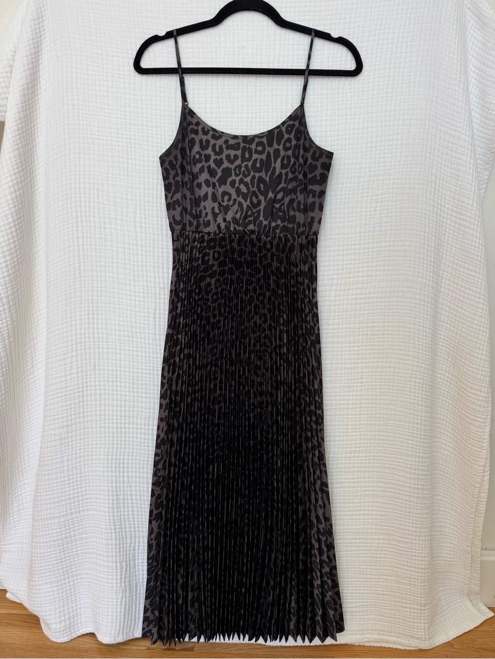 All Saints Black and Grey Leopard-Print Pleated Midi Dress